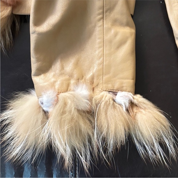 Cache Vintage Leather Jacket Rabbit Fur Trim Tan Cream Size Large - Picture 8 of 12